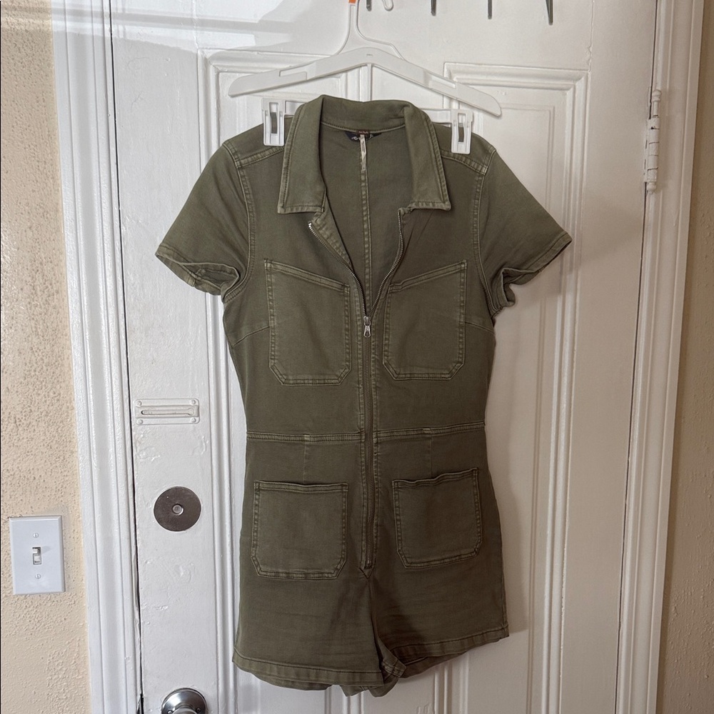 Free People Olive Green Short Sleeve Zip Romper